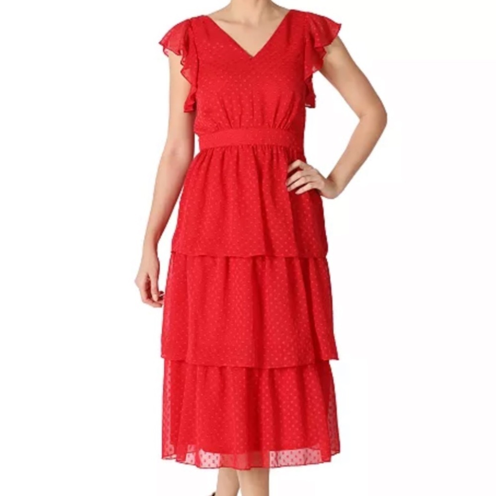NWT JULIA JORDAN Red Short Sleeve Tiered Ruffle Chiffon Lined Midi Dress Size 10